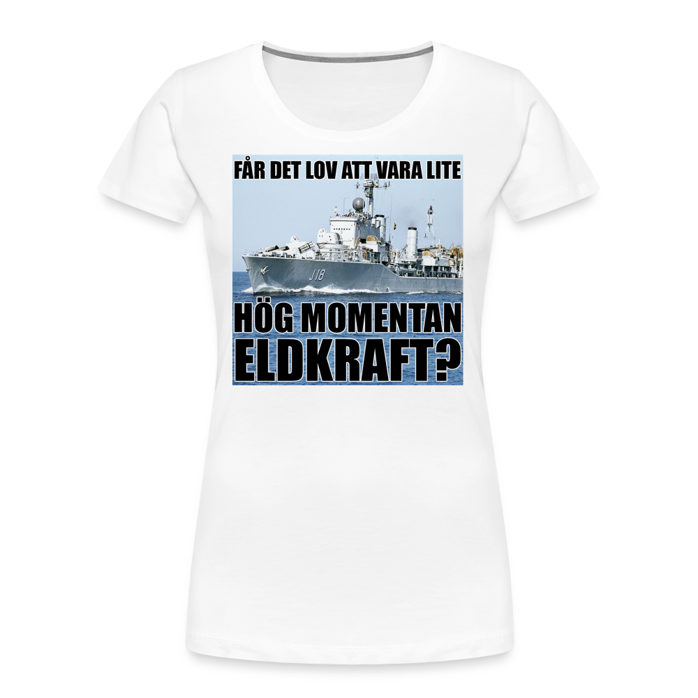 Får det lov att vara lite hög momentan eldkraft? – Halland (ekologisk premium-T-shirt dam-edition) - vit