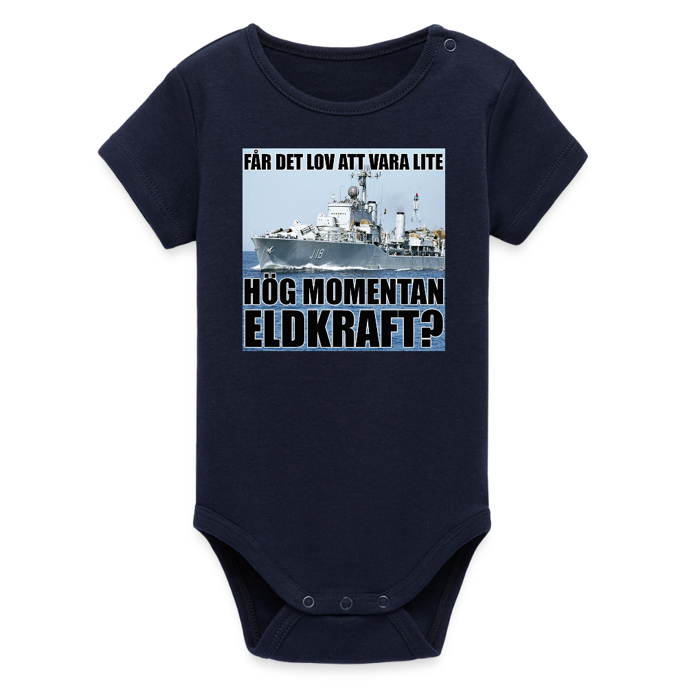Får det lov att vara lite hög momentan eldkraft? – Halland (ekologisk kortärmad babybody-edition) - marinblått